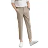 Men's Pants Men Ninth Solid Color Straight Leg Male Slim Fit Mid-Waist Casual Summer Ankle Length Business Suit