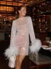 Casual Dresses Fashion Women Night Club Sexy Feather Mesh See Through Long Sleeve Party Dress Female Sparkle Elegant Mini Summer