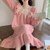 Women's Sleepwear Fleece Nightgown Lace Womens Ruffles Night Dress One Piece Pajamas Korean Style Winter Knee Length Bow Home Wear 2023