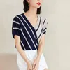 Kobiety swetry Tops Summer w paski w paski z szwy z dzianiny z krótkim rękawem koreański styl pullover Temperament Topswomen's