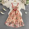 Casual Dresses Red A Line Spring Summer Print Flower Semesterklänning Runway Women Loral Bow Sashes Long Maxi Vestidos 2023