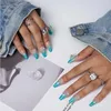 Falska naglar handgjorda himmelblå ombre vit strasspress på glitter franska lyx akrylgel