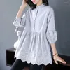 Women's Blouses Seven Quarter Sleeves Cotton Women Shirt Loose Medium Long Embroidery 100kg Fat Sister Cover Your Belly Maternity Top