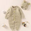 Strampler Baby Strampler geboren Mädchen niedlich Overall Langarm Herbst Outfits solide gestrickt Säugling Jungen Kleidung Set Playsuit Hut warm 2 STÜCKE 230408