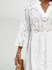 Plus Size Dresses Finjani White Embriodery Dress Women Cotton Lantern Sleeve Summer Autumn Beach 2023 Hollow Out