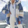 Kvinnorjackor Kvinnor Winter Coat Warm Patchwork Zipper Pocket Striped Hooded Faux Päls Långärmar Cardigan Furry Warm Fleece Jacket Ytterkläder 231109