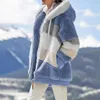 Kvinnorjackor Kvinnor Winter Coat Warm Patchwork Zipper Pocket Striped Hooded Faux Päls Långärmar Cardigan Furry Warm Fleece Jacket Ytterkläder 231109