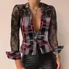 Kvinnors blusar 2023 Spring/Summer Long Sleeve V-Neck Pu Leather Patchwork Ladies Shirts Casual Lace-knapptryckta Office Tops Kvinnor