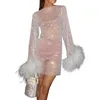 Casual Dresses Fashion Women Night Club Sexy Feather Mesh See Through Long Sleeve Party Dress Female Sparkle Elegant Mini Summer