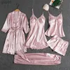 Kadınların Pijama Yeni Kadınlar Pijama Saten 5pcs Yaz Dantel Patchwork Seksi Kadınlar Nightwear İnce Stil Çöp Uyku Takım Nutdress ile Göğüs Pedleri231109