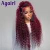 Synthetic Wigs 99J Dark Red Gluless Wig Burgundy Kinky Curly Human Hair Wigs 13X4 13X6 Lace Frontal Wigs Brazilian Water Wave 4X6 Closure Wigs 231108