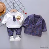 Zestawy odzieży Dziecięca chłopiec w kratę garnituru Zestawy odzieży moda 3pcs dziewczynki garnitur dla chłopców płaszcz + koszula + spodnie 1 4