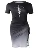 Casual Dresses Faith Print Drawstring Ruched High Slit Dress Europe America Summer Daily Fashion Short Sleeve Midi Skinny