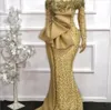 Nya eleganta afrikanska kvällsklänningar 2023 långa ärmar paljetter sjöjungfru formell klänning aso ebi guld pärlstav prom klänningar mantel de soiree