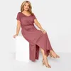 Plus size vestidos com decote em v elegante verão vestido casual manga curta cintura elástica maxi reta divisão lado fim de semana praia 7xl