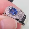 Anneaux de cluster AU585 Bague mâle 14K Bijoux fins 1Ct Coupe ovale Saphir Bleu Diamant Solide 585 Cérémonie en or blanc Cadeau 204