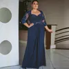 Azul marinho mangas compridas elegante mãe da noiva vestidos de renda faixa até o chão drapeado plissado chiffon vestido da mãe convidado de casamento elegante vestido de baile