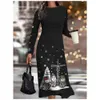 기본 캐주얼 드레스 2023 Christma Long Sleeves Dress 3D 눈송이 인쇄 Aline 겨울 대형 파티 패션 여성 의류 231108