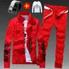 Men's Slim Fit Denim Jacket Pants 2pcs Set Long Sleeve Coats Letters Printed Casual Large Size Black White Red Boys Trousers