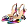 Sukienka buty Rainbow Kolor Sandały Eleganckie spiczaste palce w stylu słonecznym Rhinestone High Heels Buty chwastowe Pumki pięty Sandały Sandały Upuszczenie statku 231108