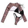 Traje de baño para mujer 2023 Traje de baño de verano Bikini sexy Cuerda trenzada Estampado de leopardo Bolsa de triángulo impresa de manga larga Conjunto de tres piezas