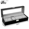 Schmuckschatullen 6 Slot Leder Box Display Schwarz Fall Luxus Schmuck Lagerung Klarglas Deckel Staubdichter Halter Kommode Bin Tischorganisatoren Q231109