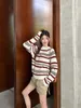 Kvinnors tröjor Designer Luxury High Edition C Sweater 2023 Tidig Autumn Lazy Style Slim Logo Jacquard Contrast Stripe Round Neck 2npu