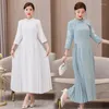 Vestidos casuais vestido de cheongsam modificado elegante 2023 primavera slim retro longa feminina chinesa plissada moda bordando roupas z359