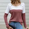 Blusas femininas Mulheres T-shirt Contraste Cor Lady Top Colorblock Manga Longa Malha Redondo Pescoço Macio Pulôver Elegante Outono / Primavera para Diariamente