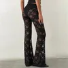 Pantalons Femmes Xingqing Sheer Dentelle Flare Femmes Sexy Voir à travers Floral Taille Haute Bell Bottoms Pantalon Y2K Vêtements Party Clubwear