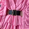 Casual Kleider Koreanische Büro Dame Elegantes Kleid V-ausschnitt Einfarbig Puff Langarm Robe Gürtel Schlanke Taille Rüschen Patchwork vestidos 2023