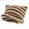 Beanie/Skull Caps Women Cat Ears Hats Soft Slouchy Striped Knitted Hat Trendy Winter Warm Crochet Braided Knitted Winter Hats Unisex Gentleman Hat YQ231108