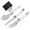 Geschirr-Sets Familie Klappstahldraht Messer Gabel Löffel Dreiteiliges Campinggeschirr Tragbares Outdoor-Edelstahl-Dinner-Set