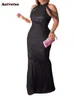 Plus -storlek Ny mode Slim Spaghetti Strap Dress for Women Chic Elegant Solid Floor Length aftonklänningar