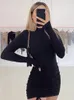 Basic Casual Jurken Lange Mouw Ruches Bodycon Jurk Dames Coltrui Bandage Mini Herfst Zwart Skinny Stretch Party Vestidos 231109