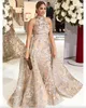 Champagne Sequined Applique Mermaid Overskirts Evening Dresses 2023 Yousef Aljasmi Dubai Arabic High Neck Plus Size Party Dress