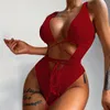 Costume da bagno da donna Il bikini è un costume da bagno in due pezzi tropicale rosso a vita alta scavato in tinta unita con spalline sottili