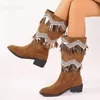 Boots Bonjomarisa Fringe Cowboy Boots for Women chunky Heel Fashion Slip on Vintage Cowgirl Style Boots Fall Bling Comfort 231108