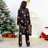 Vrouwen Nachtkleding QSROCIO Kerst Herfst Zwarte Zijde Zoals Kraagvorm Sneeuwpop Print Lange Mouw Pyjama Set Homewear