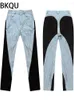 Jeans pour femmes BKQU Femmes Mode Crayon Pantalon Chic Taille Haute Contrat Couleur Patchwork Lavé Long Denim Élastique Pantalon Skinny