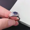 Anneaux de cluster AU585 Bague mâle 14K Bijoux fins 1Ct Coupe ovale Saphir Bleu Diamant Solide 585 Cérémonie en or blanc Cadeau 204