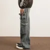 Jeans pour hommes hiver rue style rétro taille haute droite jambe large pantalon cargo décontracté mode multi-poches