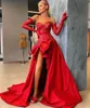 Sexy Red Plus Size A Line Prom Dresses Sweetheart Lace Applique Draped Sweep Train High Side Split Formal Occasions Wear Birthday Celebrity Pageant Evening Gowns