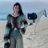 Suéteres femininos de malha tops mulheres listradas blusas de moda coreana botão feminino manga comprida designer casual
