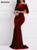 Pleuche Maxi para mujer Vintage nuevo fuera del hombro vestidos de noche de manga larga elegante vestido de trompeta elegante