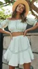 Arbetsklänningar Lucygirl Summer Women Boho Two Piece Set Casual Beach kjolar kostym spetsar från axelskördetoppar och kort veckad kjol