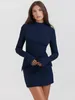 Casual Dresses Autumn Elegant Dark Blue Knitted Mini Dress Sexy Solid Pocket Long Sleeve Bodycon Chic Lady Party Club Robe Vestidos
