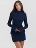 Abiti casual Autunno elegante mini abito lavorato a maglia blu scuro sexy tasca solida manica lunga aderente chic Lady Party Club Robe Vestidos