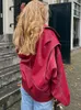 Frauen Pelz Faux Herbst Rot Stich Jacken Für Frauen Mode Drehen Unten Kragen Revers Oversize Leder Mäntel 2023 Chic kontrast Taschen Pu Jacke 231108