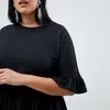 プラスサイズのドレスカジュアルサマードレス女性ハーフフラウンススリーブルーズアインラインレディース大きなソリッドブラックコットンチュニック6xl
